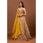 SEASONS-MUSTARD YELLOW CLASSIC GOWN SET WITH ALL OVER MULTI COLOURED THREAD WORK PAIRED WITH A MATCHING DUPATTA AND GOLD SEQUIN DETAILS.