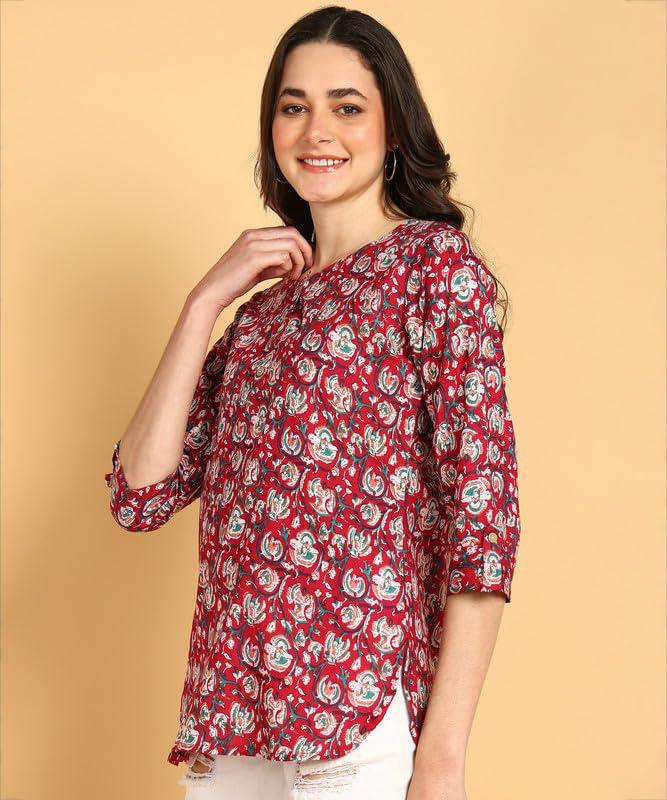 JAIPURFAME Women's Floral Printed Cotton Top - Stylish Long Top with Mandarin Collar, Perfect for Jeans, Ideal for Casual & Ethnic Wear