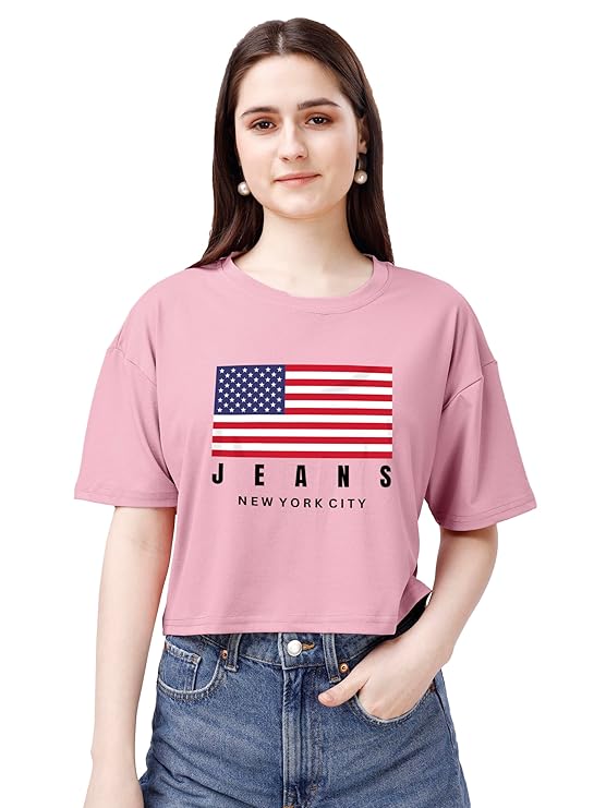 ELLITI Soft Rich Cotton Half Sleeve | Round Neck | Oversized/Loose Fit | Down Solder | Micky Crop Top for Women