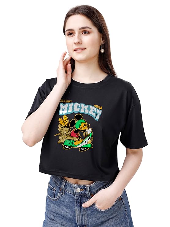 ELLITI Soft Rich Cotton Half Sleeve | Round Neck | Oversized/Loose Fit | Down Solder | Micky Crop Top for Women