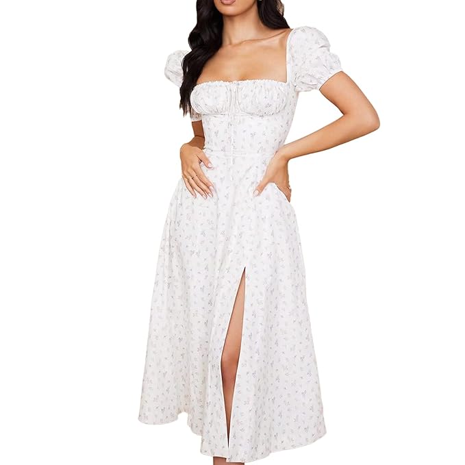 Puff Sleeve High Waist Bodycon Maxi Dress Floral Print Women Long Dress Zipper Splayed Neck Holiday Elegant A Line S