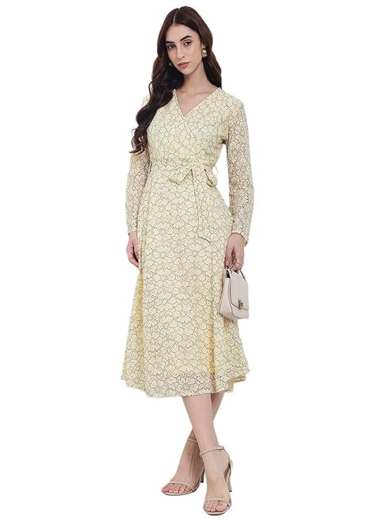 Styli Lace Sheath Midi Dress – Lace Insert Self Design, and Woven Design. Stylish and Comfortable Everyday, Chic,Party Look Dress for Women