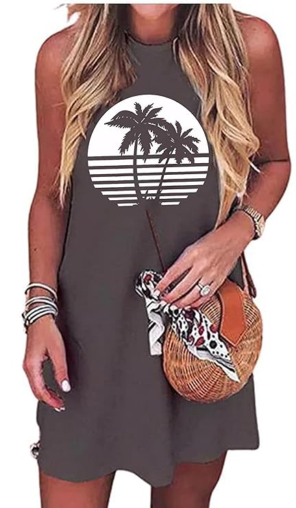 Sun Salt Sand Coconut Tree Sleeveless Mini Dress Casual Sleeveless Summer Beach Vacation Women Workout Mini Dress, Dark Grey-02, X-Large