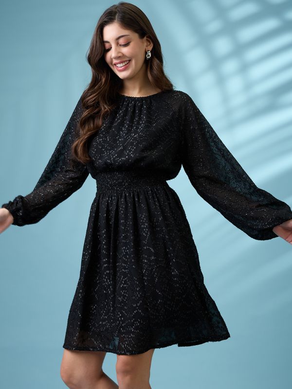 Globus Women Bishop Sleeves Self Design Georgette Sheen Smocked Mini Fit & Flare Party Dress