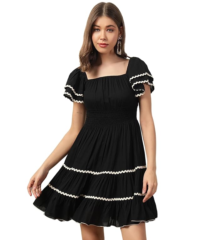 DEEBACO Solid Rayon Smocking Tiered Dress for Women's|Short Layered Bell Sleeves Square Neck Above Knee Length Dress|Summer Wear Girls Dress Western Party Casual Wear Outfits for Ladies