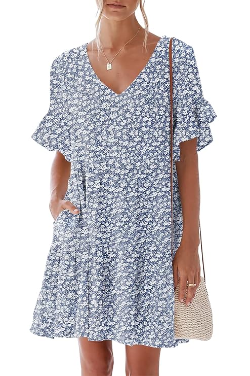 nclook Women's Summer Casual Dress Sweet & Cute V-Neck Mini Dress with Pocket Short Sleevele Ruffle Dress