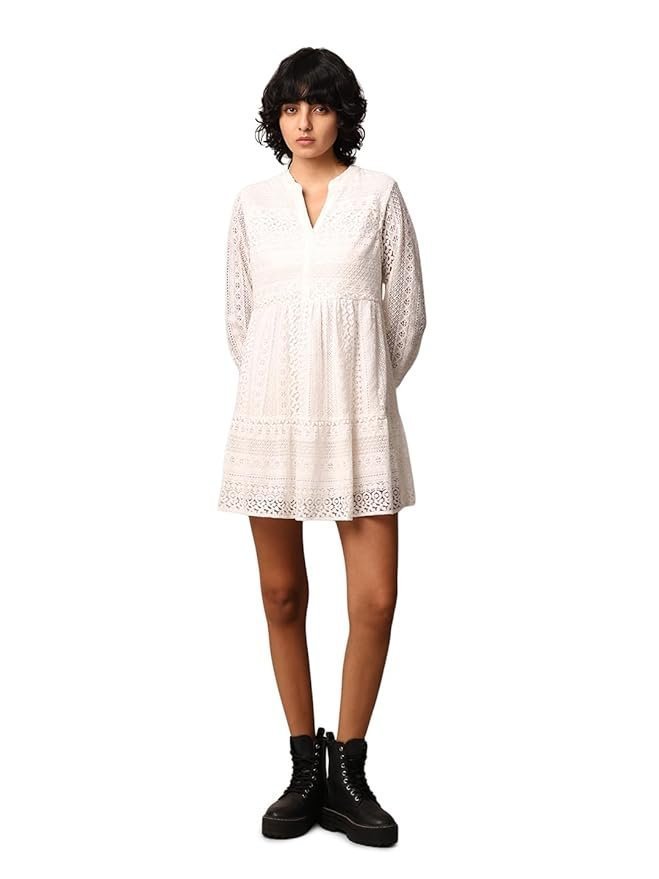 ONLY Lace Mandarin Collar A-Line Mini Dress