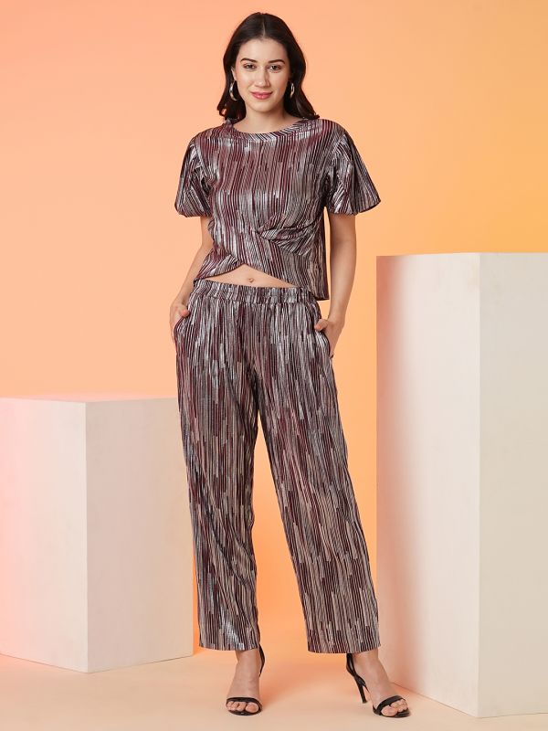 Globus Women Polyester Striped Top & Trouser Co-Ord Set