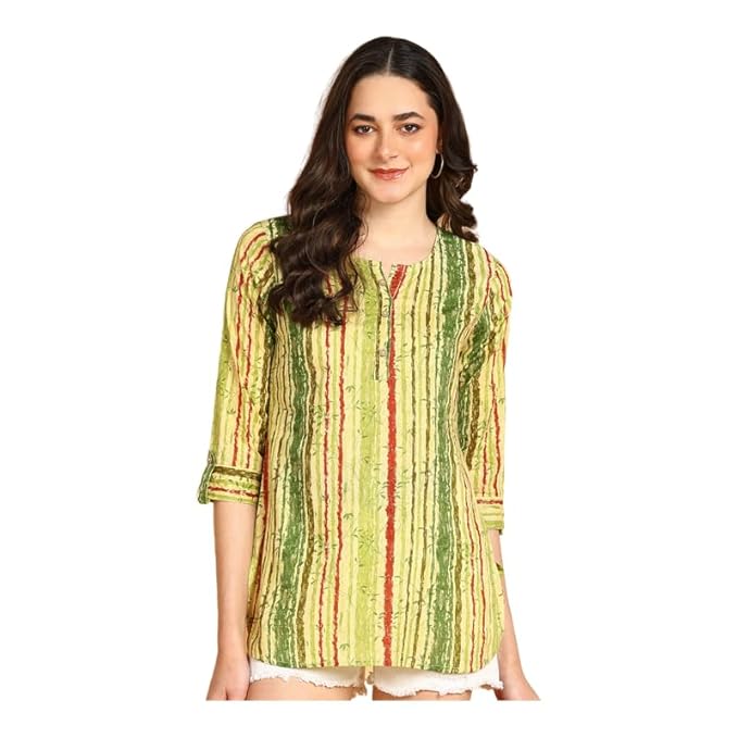 JAIPURFAME Women's Floral Printed Cotton Top - Stylish Long Top with Mandarin Collar, Perfect for Jeans, Ideal for Casual & Ethnic Wear