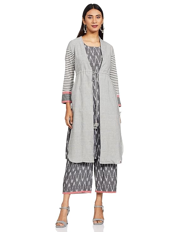 BIBA Women Straight Cotton Fusion Wear 3 Piece Set