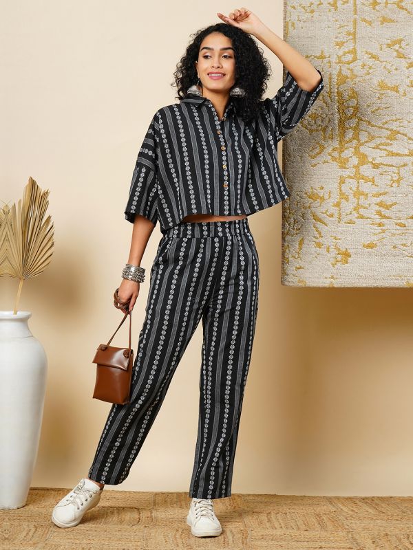 Globus Women Polyester Striped Top & Trouser Co-Ord Set