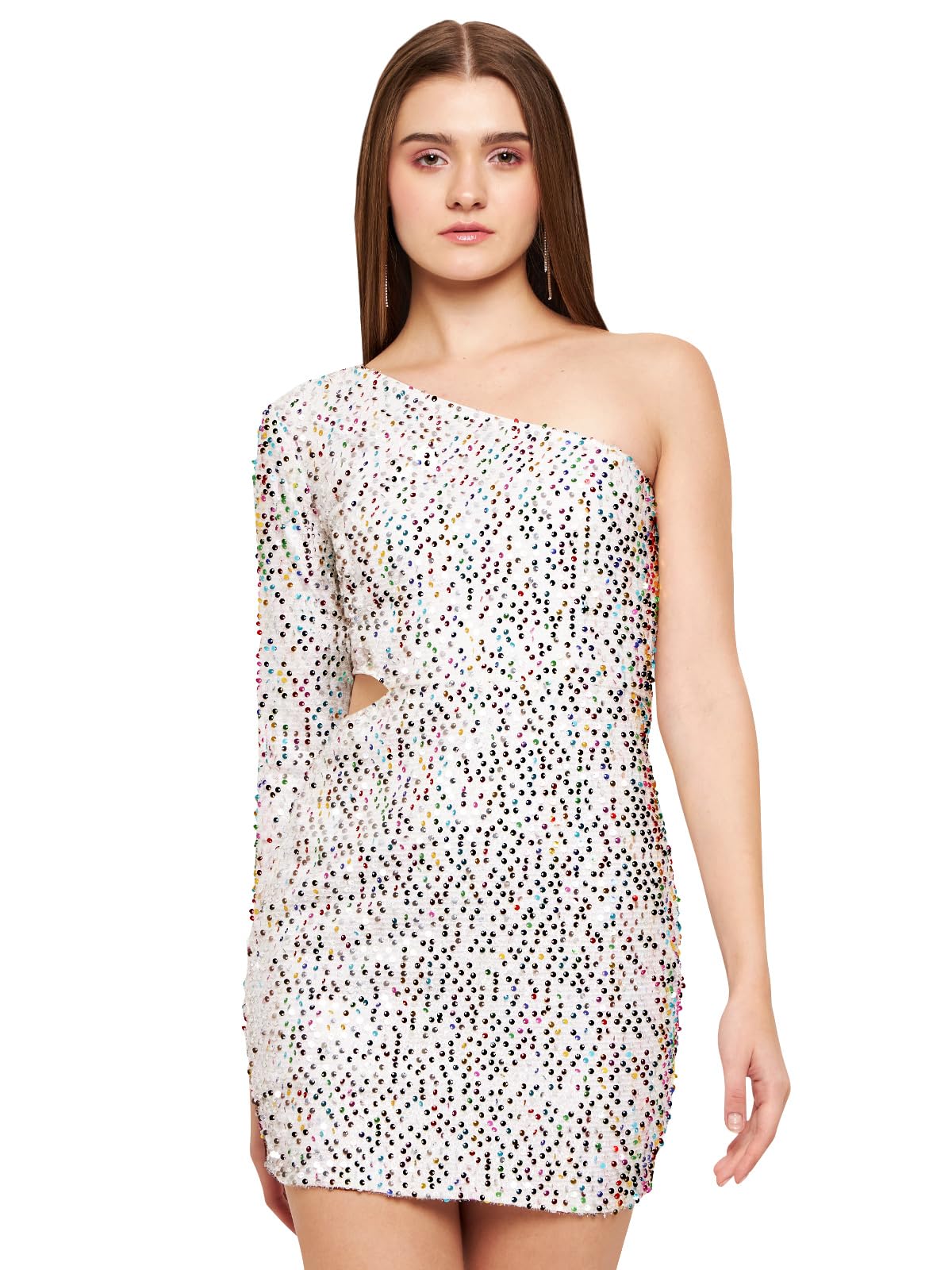 Martini Women Western Stylish Heavy Sequined Waist Cutout One Shoulder Bodycon Mini Dress