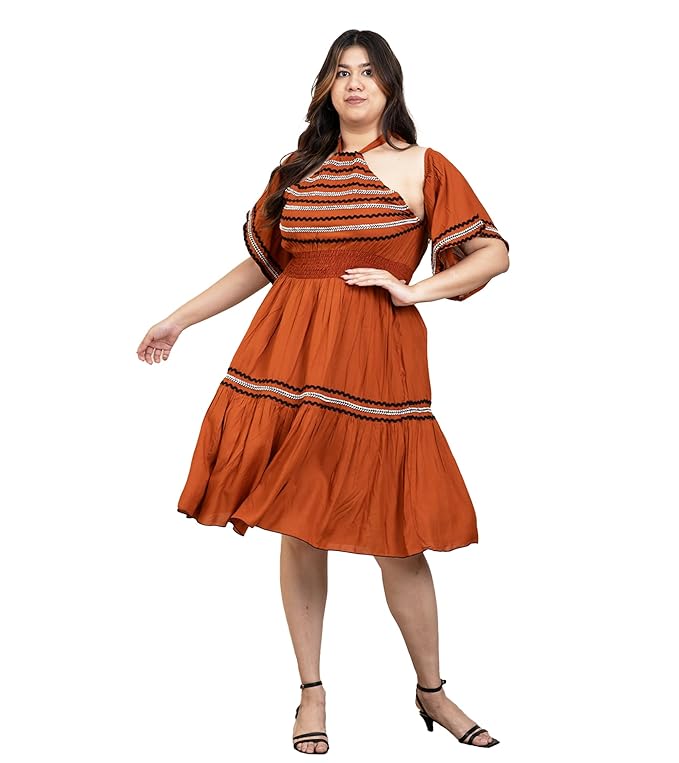 DEEBACO Solid Smocked Rayon Women's Plus Size Tiered Dress|Halter Neck Short Bell Sleeves|Summer Western Party Casual Wear Stylish Dress Collection for Ladies