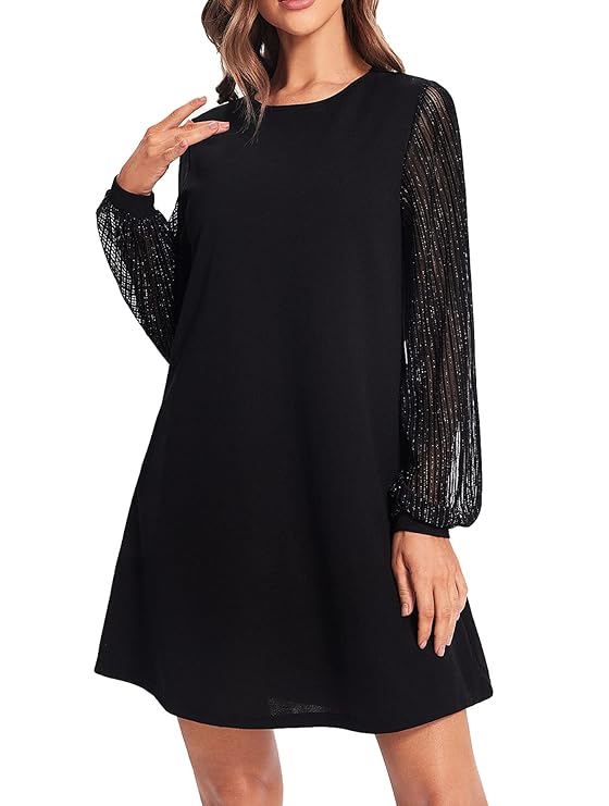 Women's Elegant Mesh Contrast Long Sleeve A Line Mini Short Dress, Silver Line Black, Medium