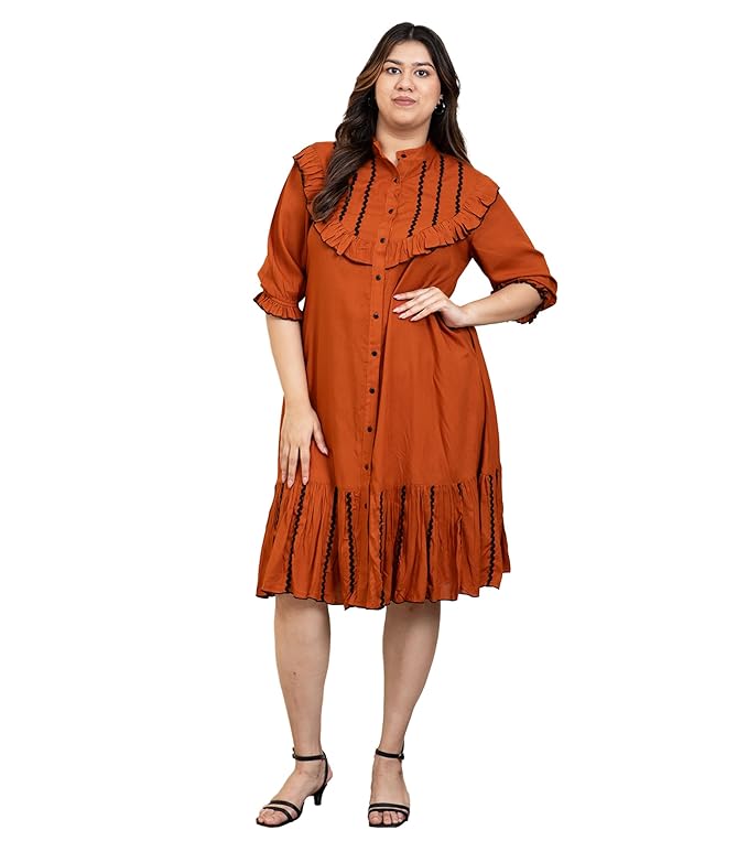 DEEBACO Solid Rayon Women's Plus Size Tiered Shirt Dress|Mandarin Collar Half Sleeve Regular Fit Calf Length|Western Party Casual Wear Summer Ladies Dress