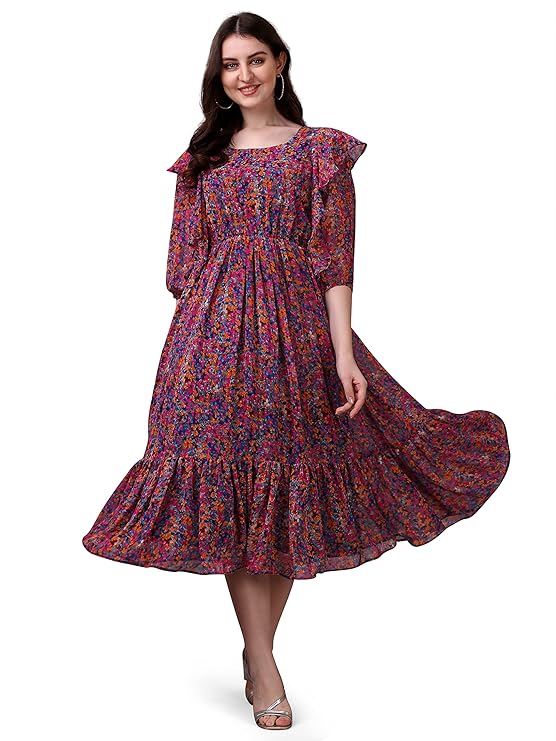 Fashion2wear Women's Stylish Georgette Fit and Flare Fashionable Round Neck Dress