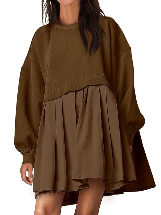ANRABESS Women Sweatshirts Dress Oversized Long Sleeve Patchwork Casual Loose Pleated Pullover Mini Dress Fall Outfits 2024