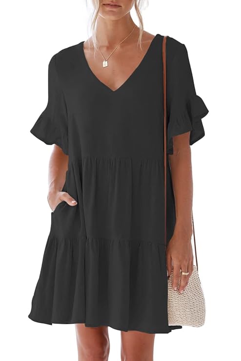 nclook Women's Summer Casual Dress Sweet & Cute V-Neck Mini Dress with Pocket Short Sleevele Ruffle Dress