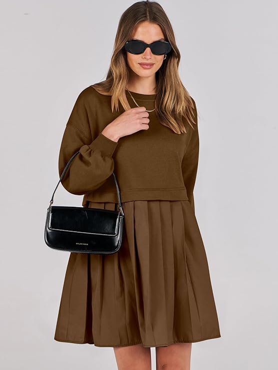 ANRABESS Women Sweatshirts Dress Oversized Long Sleeve Patchwork Casual Loose Pleated Pullover Mini Dress Fall Outfits 2024