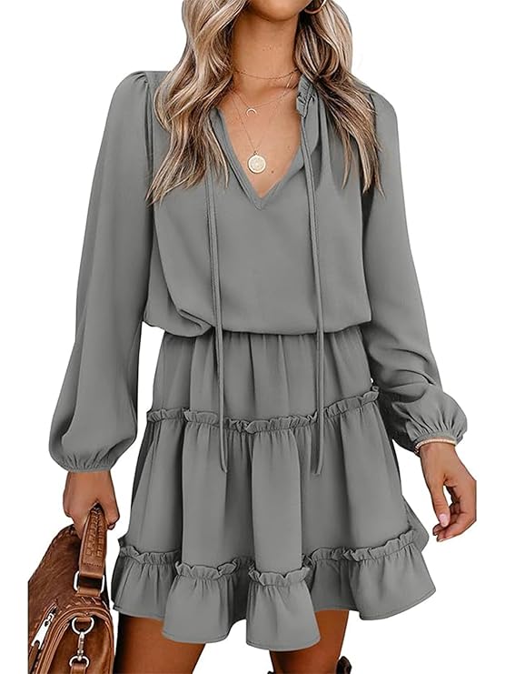 BTFBM Women Casual Summer Fall Dresses Tie V Neck Long Sleeve High Waist Ruffle Tiered A Line Swing Tunic Mini Dress