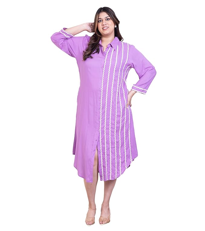DEEBACO Solid Rayon Shirt Plus Size Dress for Women's|Shirt Collar 3/4 Sleeves Regular Fit Ankle Length Dress|Summer Western Party Casual Wear Dress for Ladies