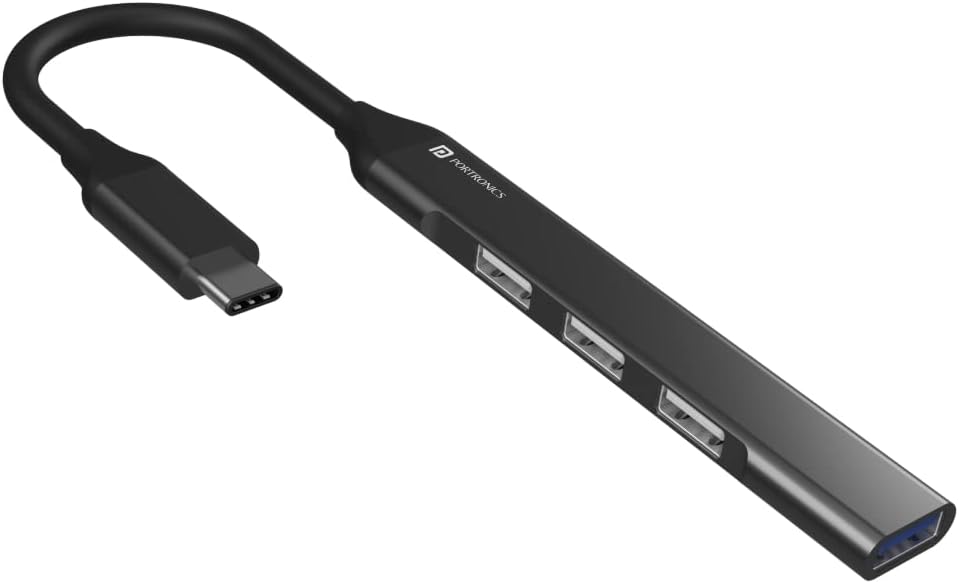 Portronics Mport 4D USB Hub (4-in-1), Multiport USB Dock with Long Cable and up to 480 Mbps High Data Transfer Speed (Black)