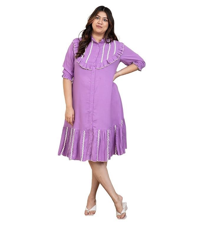 DEEBACO Solid Rayon Shirt Plus Size Dress for Women's|Shirt Collar 3/4 Sleeves Regular Fit Ankle Length Dress|Summer Western Party Casual Wear Dress for Ladies