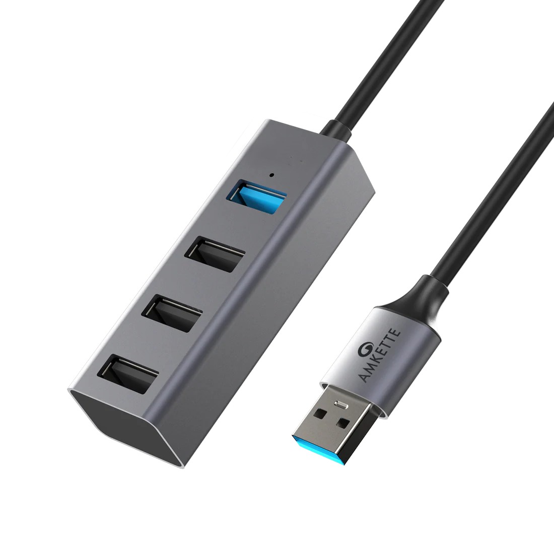 Amkette 4-Port USB 3.0 Hub (Grey) - High-Speed Data Transfer for PC/MacBook