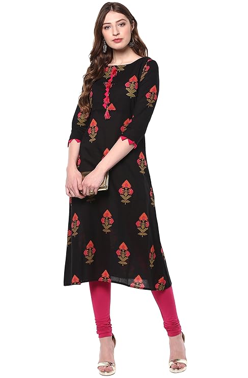 Janasya Women's Cotton Plain A-Line Top with 3/4 Sleeve, Side Slit Perfect for Casual Wear
