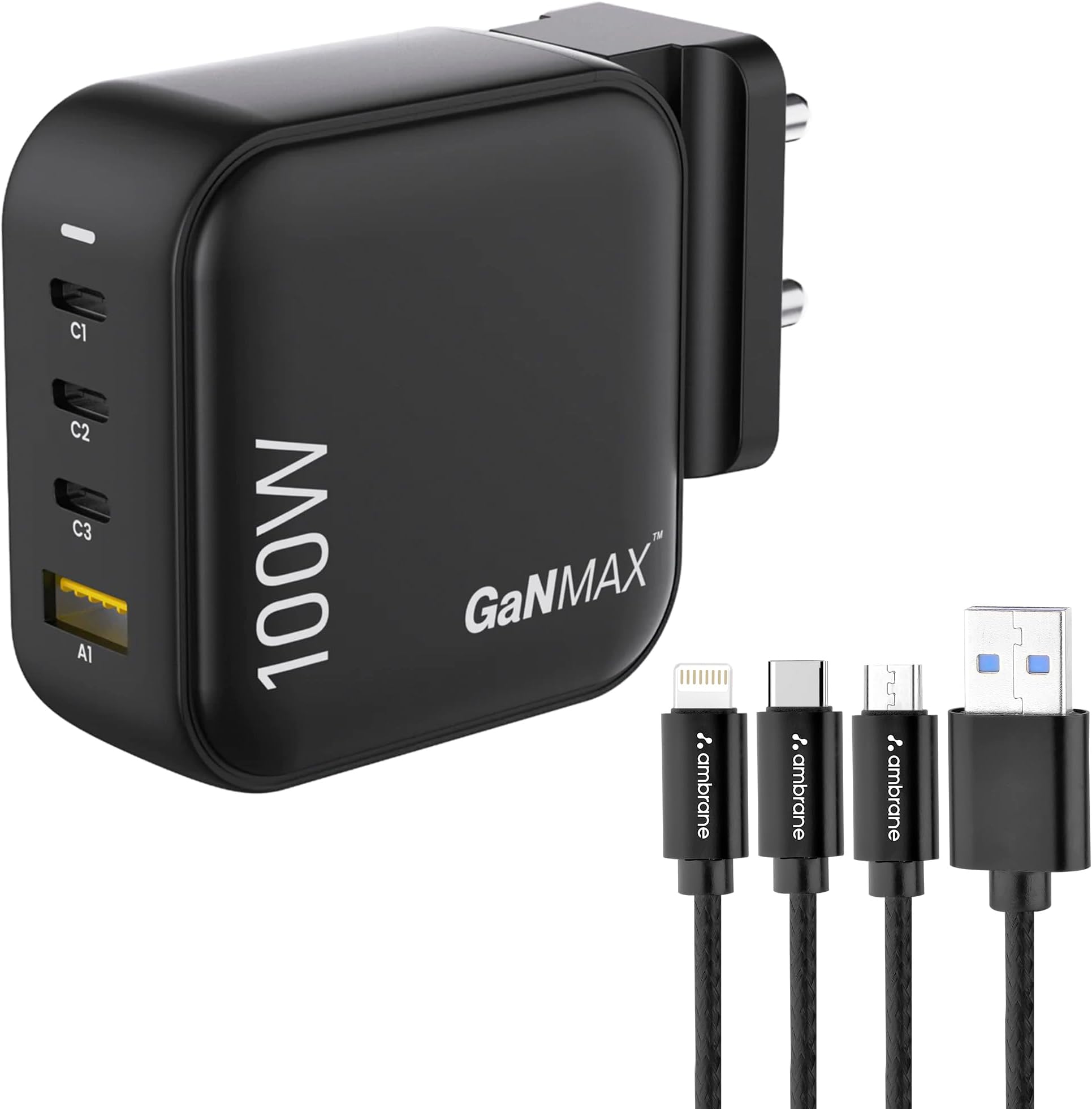 Ambrane 100W Charger Adapter, 4 Ports - 3 Type C & 1 USB for iPhone & Android, MacBook & Type C Laptop, (RAAP H100, Black) & Ambrane 3 in 1 Mobile Charing Cable