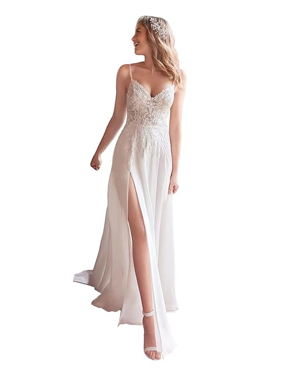 Fanciest Women's Lace Chiffon Beach Wedding Dresses for Bride 2023 with Sleeves Long Bridal Gown