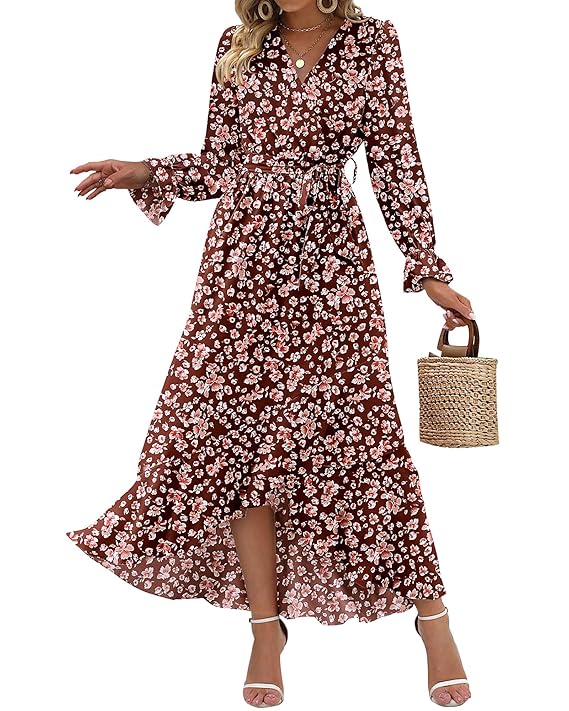 BTFBM Women Long Sleeve V Neck Boho Floral High Waist Flowy Ruffle Maxi Dresses 2024 Spring Summer Dresses with Belt