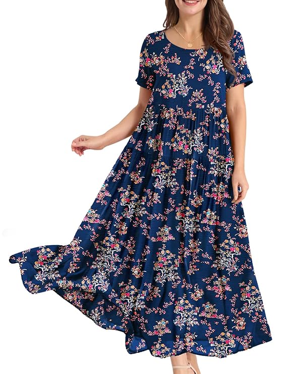 YESNO Women Casual Loose Long Maxi Bohemian Floral Dress Layered Lightweight Summer Beach Short Sleeve Swing Dress/Pockets EJF
