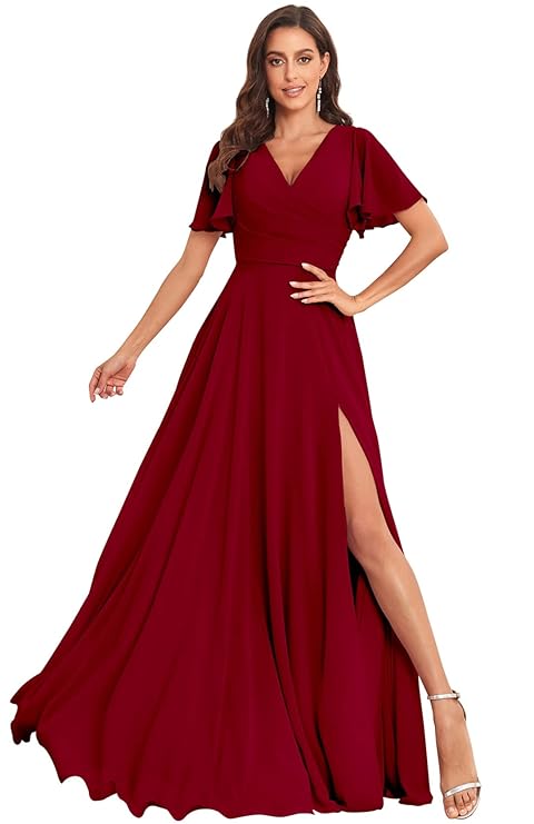 HEFANATI Women's V Neck A-Line Chiffon Bridesmaid Dresses for Wedding Ruffles Formal Evening Gown