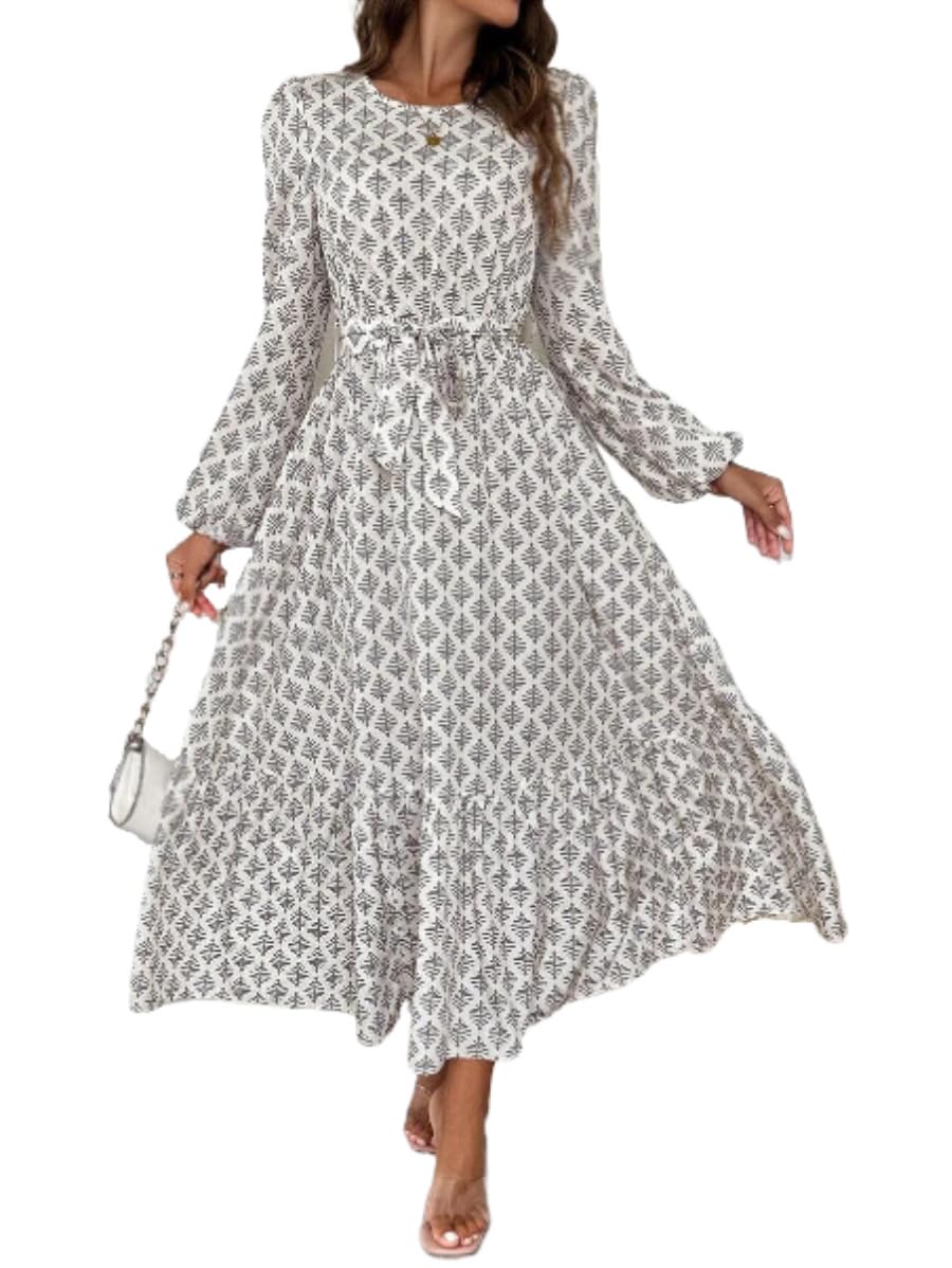 LUOLINGONGJUE® Women's Printed Lantern Sleeve Ruffled Long Dress – Lightweight & Comfortable