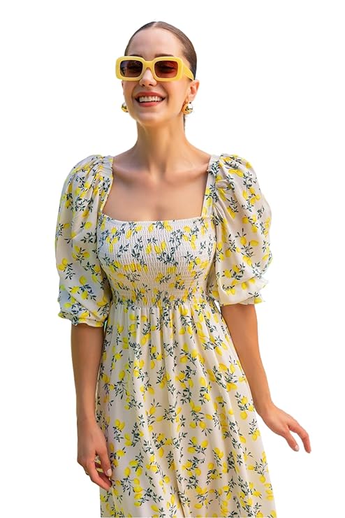 Sheetal Associates Women's Maxi Floral Print Crepe Puff Sleeves Casual Dress