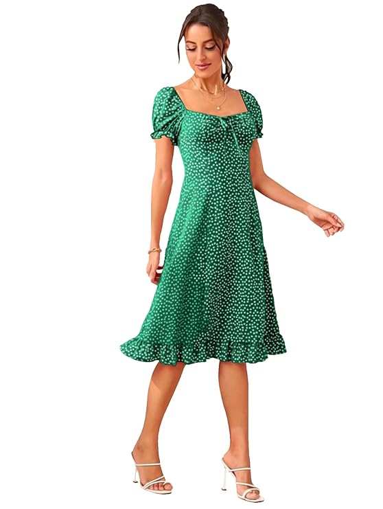 Dream Beauty Fashion Women's Polyester Printed A-line Square Neck Half Sleeve Knee-Long Dress (Dress Momo)