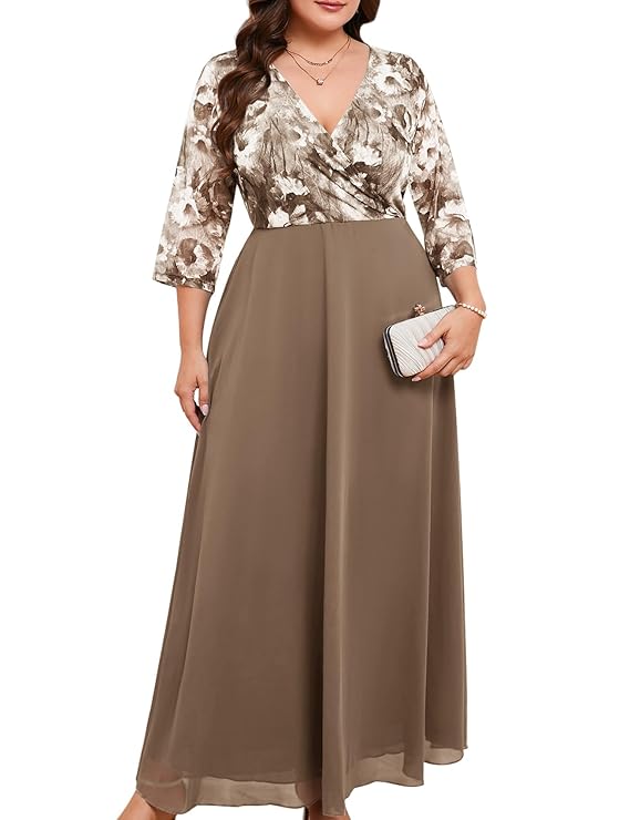 Women's Plus Size Lace Chffon Long Maxi 3/4 Sleeve V-Back Formal Dress
