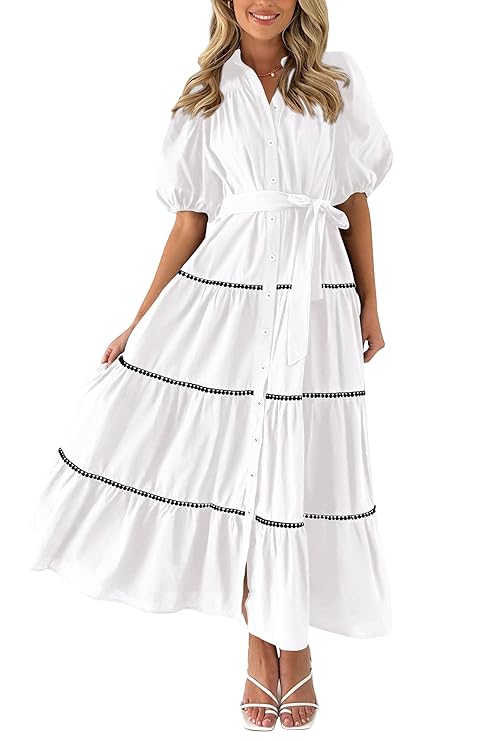 PRETTYGARDEN Women's Summer Button Down Shirt Dress Short Puffy Sleeve Tiered Ruffle Flowy Long Maxi Dresses