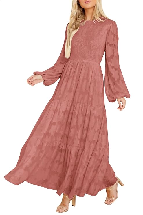 MITILLY Women's Elegant Floral Long Sleeve Round Neck Smocked A-Line Flowy Tiered Maxi Dress with Pockets