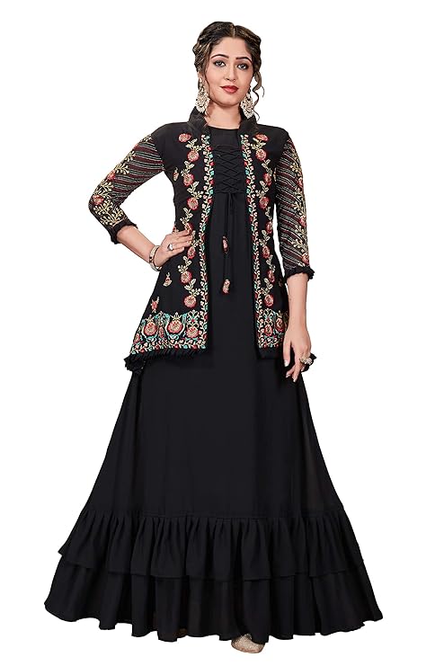 Miss Ethnik Women's Faux Georgette Semi Stitched Top With Faux Georgette Jacket Solid Flared Top Dress Material