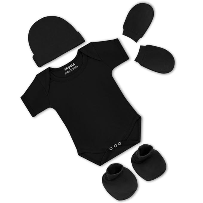 ARVESA Pack of 4 New born Baby Essentials â€“ Cotton Romper, Cap, Booties and Mittens