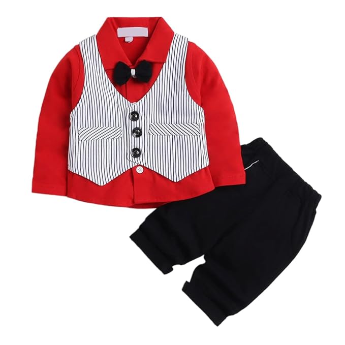 Hopscotch Boy's Cotton Striped Stripe Print Shirt Pant Set With Waistcoat
