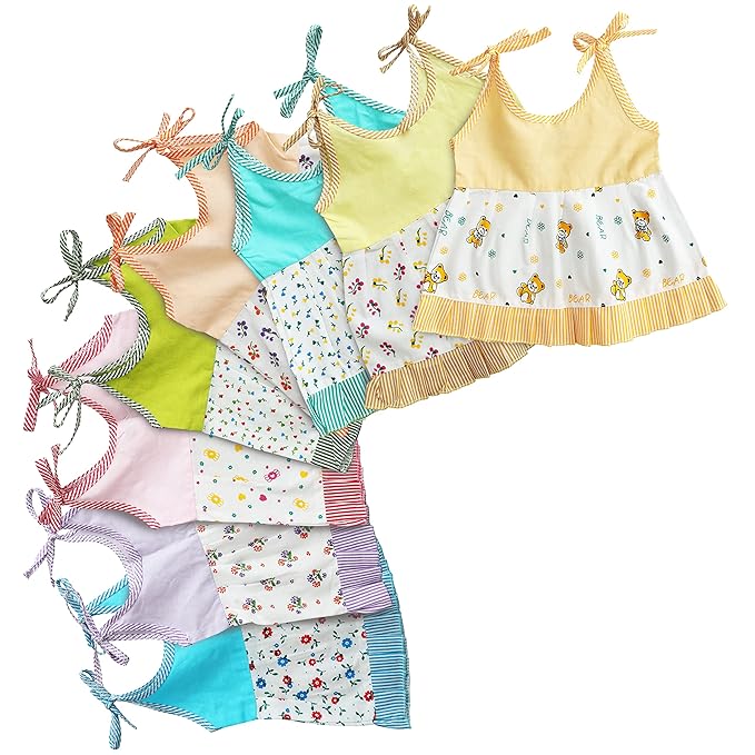 ABOUT SPACE New Born Baby Clothes - (Set of 8) New Born Baby Cotton Frocks with Nappies for Baby Girls - Multicolor Sleeveless Printed Jhabla Baby Wear, Infant Clothing Combo
