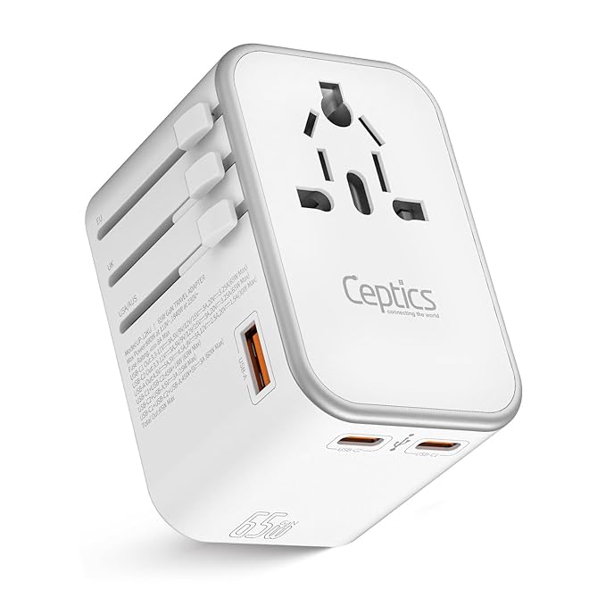 Ceptics 65W Universal Travel Adapter | 4-in-1 Charger with USB-C for Laptop/MacBook