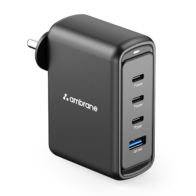 Ambrane 100W GaN 4-Port Charger Adapter + 3-in-1 Cable