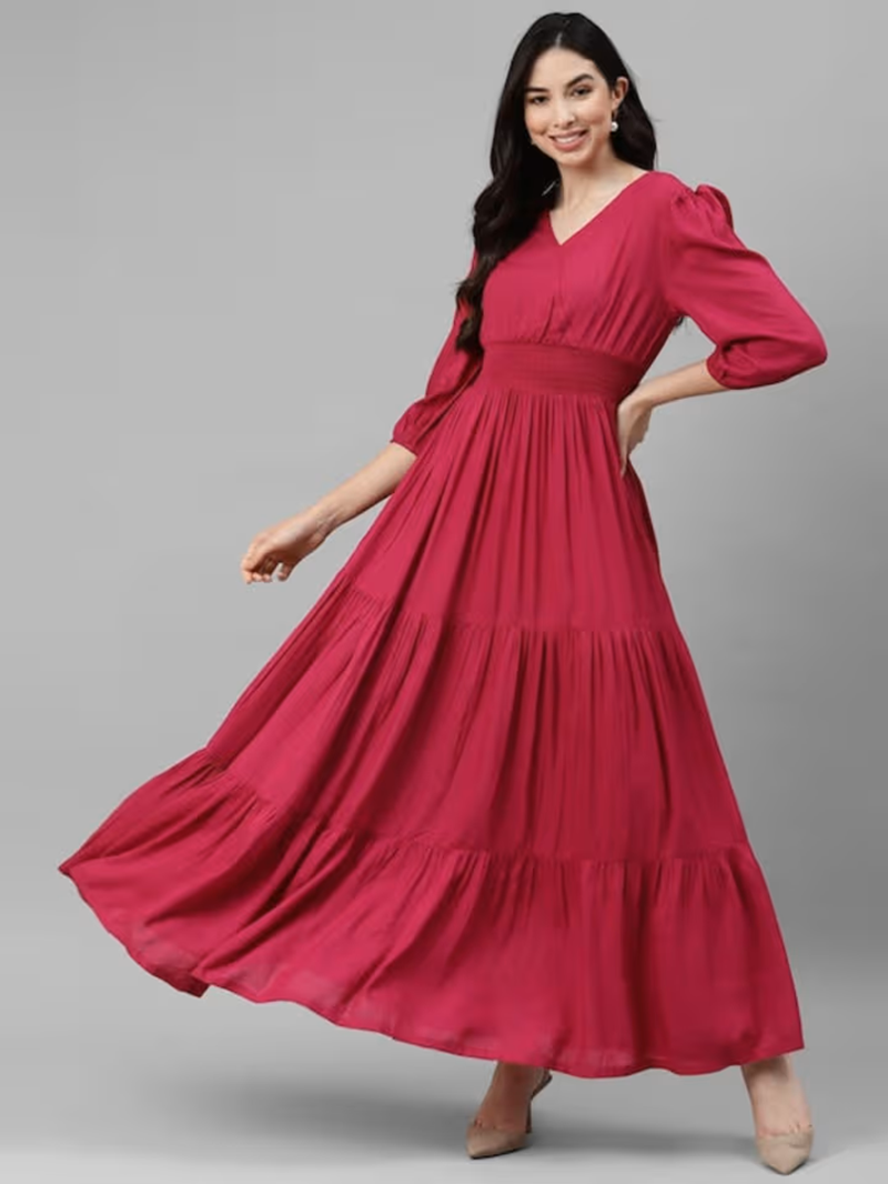 DEEBACO Solid Rayon Smocking Tiered Dress for Women's|Short Layered Bell Sleeves Square Neck Above Knee Length Dress|Summer Wear Girls Dress Western Party Casual Wear Outfits for Ladies