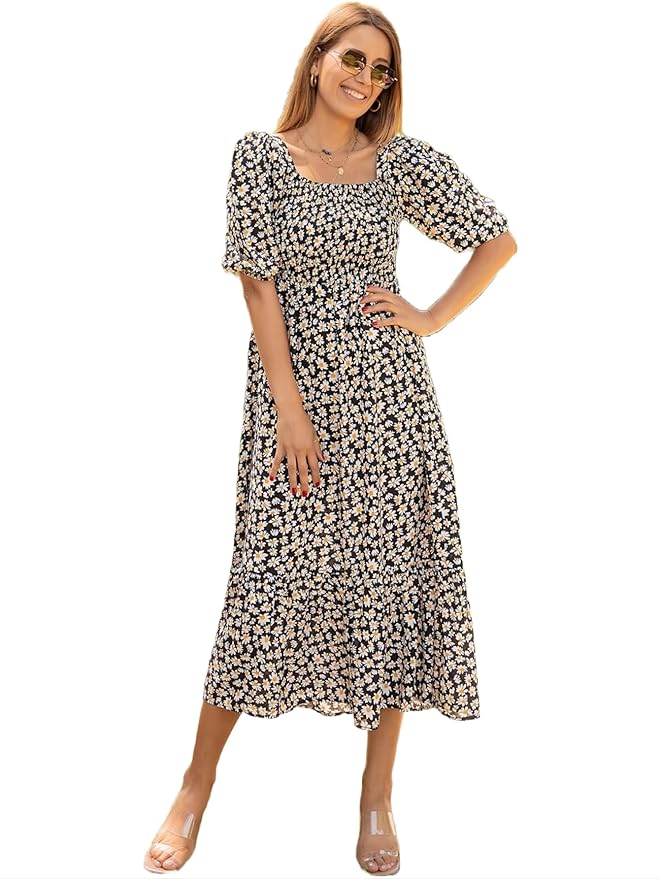 Sheetal Associates Women's Casual Flower Print Puff Sleeves Maxi Dress - Pack of 1