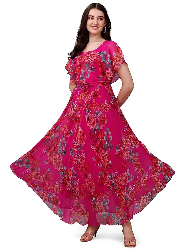 Fashion2wear Women's Georgette Floral Digital Print Short Sleeve Full-Length Fit & Flare Long Gown Dress for Girls (ET-CYWN-E1LE)