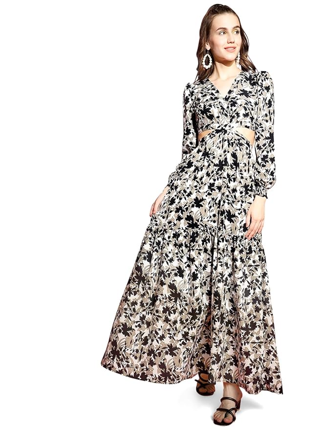 Sheetal Associates Women's Crepe Fit and Flare Printed Full Sleeve V-Neck Casual Dress